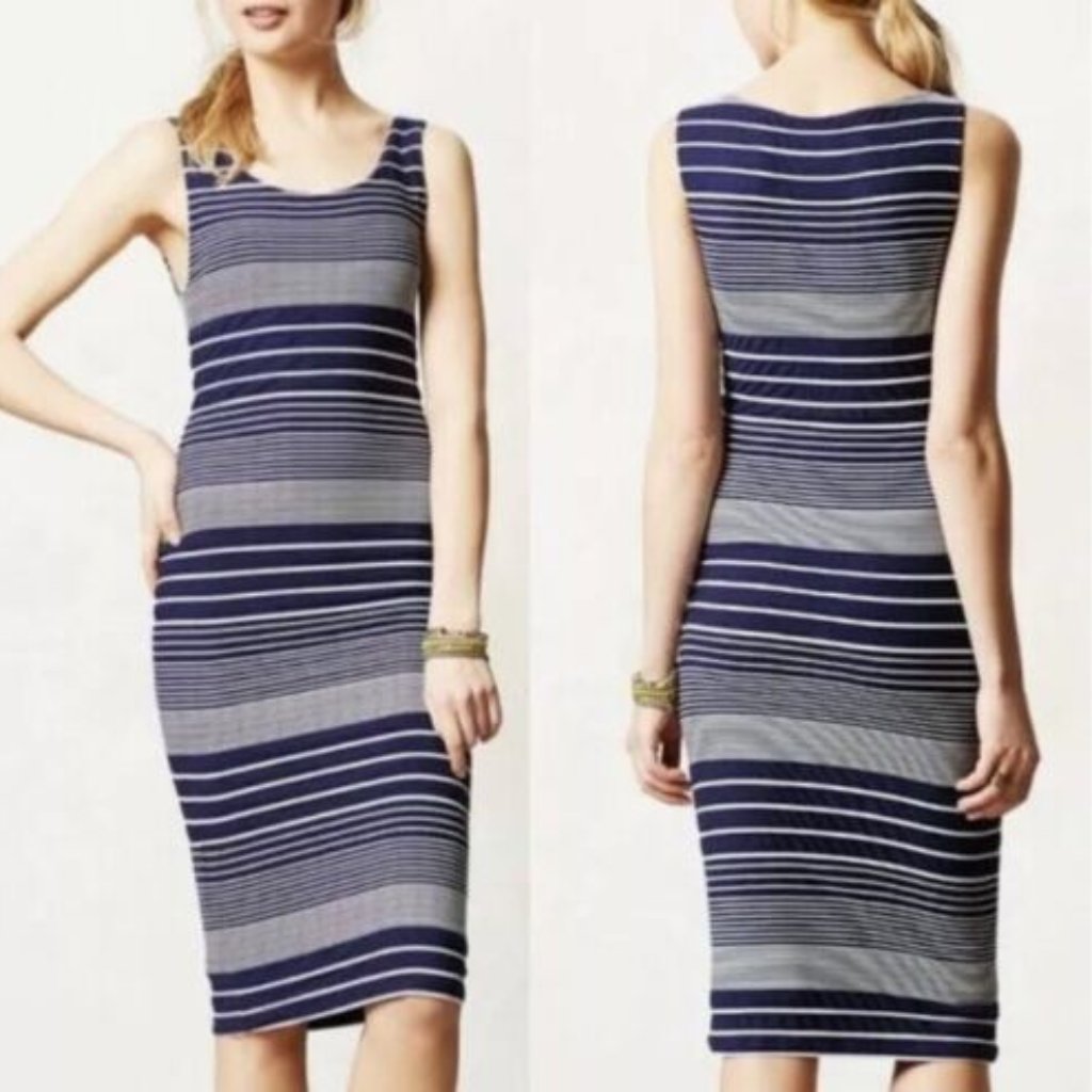 Nwot Maeve Anthropologie Midi Column Dress Size Small Navy Blue White Striped
